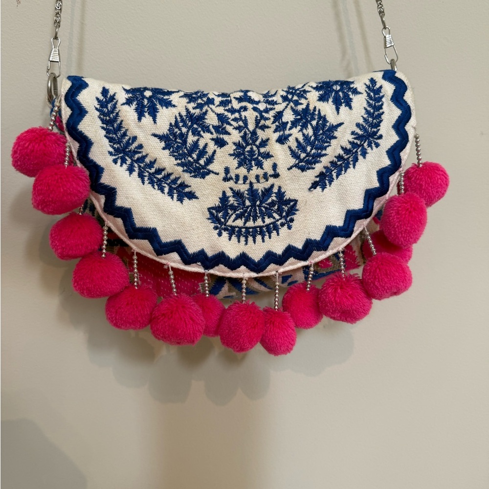 Paper Source Blue and Pink Pom-Pom Handbag